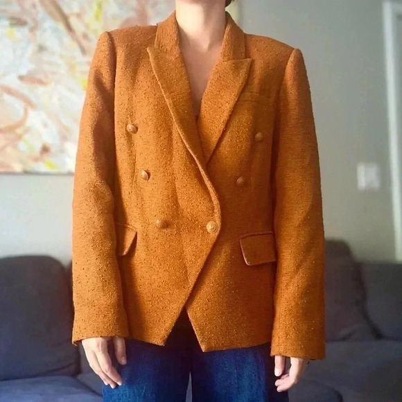 L'agence Kenzie Double-Breasted Tweed Blazer - Dark Caramel - Size 10 - Picture 2 of 14